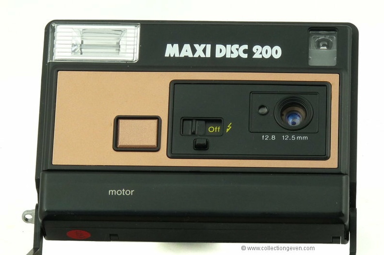 Nom : Maxi Disc 200
Marque : -Fabricant : Haking (?)
Publicité : -
Pays : Hong-Kong
Date de début : ~ 1985Date de fin : 0
Type : compact disc (CFFA)
Dimensions, fermé : 120 x 82 x 28 mmOuvert : 120 x 149 x 36 mm
Poids : 176 g
Matière : plastiqueCouleur : noir, brun
Surf. sensible : discFormat : 8 x 10 mm
Objectif :
- Nom : -Type : 3 éléments
- Marque : ?
- Ouverture : 2,8Focale : 12,5 mm
- Fixation : fixeMonture : non interchangeable
Diaphragme :
- Type : coulissant
- Ouverture : 2,8 - ?
Obturateur :
- Nom : -Type : central
- Marque : ?
- Vitesses : 1/100 s, 1/200 sPose : non
- Retardateur : non
- Armement : couplé à l'avance du film
Film, plaque :
- Compte-vues 1 : fenêtre transparente
- Protection 2 expos : oui
- Avancement : moteur électrique
Flash :
- Synchro : X
- Flash interne : électronique
Posemètre :
- Type : CdS
- Plage : ?
- Automatisme : automatique programmé
Mise au point :
- Type : fixeMinimum : ?
- Télémètre : non
Viseurs :
- Viseur 1 : galilée fixe
Autres :
Niveau à bulle : XXX
Porte-acc. 1 : -Porte-acc. 2 : -
Écrou de pied : -
Déc. vertical : -Horizontal : -
Bascule avant : -Arrière : -
Commentaires : - Témoin de lumière insuffisante.
- Témoin de flash chargé.
- La fermeture du capot de protection coupe l'alimentation de l'appareil.
- Autres appareils identiques: voir ici
Liens web :Sur XXX.com : voir ici.
Appareil présenté :
N° de série : -
N° objectif : -N° obturateur : -
Accessoires : - Dragonne métallique.
Notice :
Commentaires : -
N° inventaire : APP2697_01
APP2697_01.jpg