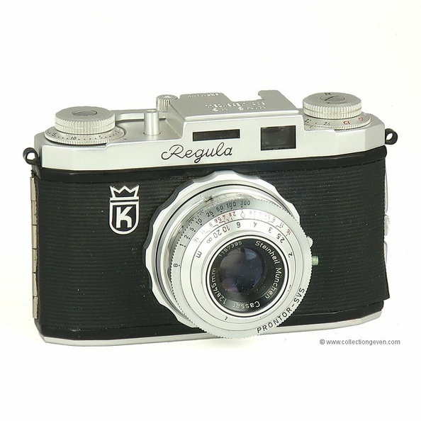 Nom : Regula IP.a
Marque : KINGFabricant : King KG, Bad Liebenzell
Publicité : -
Pays : Allemagne
Date de début : ~ 1954Date de fin : 9999
Type : compact 24 x 36 (CFFH)
Dimensions, fermé : 128 x 78 x 65 mmOuvert : -
Poids : 403 g
Matière : métal gainéCouleur : noir, gris
Surf. sensible : cartouche 135Format : 24 x 36 mm
Objectif :
- Nom : CassarType : ?
- Marque : Steinheil
- Ouverture : 2,8Focale : 45 mm
- Fixation : fixeMonture : non interchangeable
Diaphragme :
- Type : iris
- Ouverture : 2,8 à 16
Obturateur :
- Nom : Prontor-SVSType : central
- Marque : Gauthier
- Vitesses : 1 s à 1/300 sPose : B
- Retardateur : oui
- Armement : couplé à l'avance du film
Film, plaque :
- Compte-vues 1 : compteur 36 vues
- Protection 2 expos : oui
- Avancement : levier
Flash :
- Synchro : X, M
- Flash interne : non
Posemètre :
- Type : optique
- Plage : 1 - 8
- Automatisme : manuel
Mise au point :
- Type : frontaleMinimum : 1 m
- Télémètre : non
Viseurs :
- Viseur 1 : galilée fixe
Autres :
Niveau à bulle : XXX
Porte-acc. 1 : sabot non synchroniséPorte-acc. 2 : -
Écrou de pied : 1/4 "
Déc. vertical : -Horizontal : -
Bascule avant : -Arrière : -
Commentaires : -
Liens web :-
Appareil présenté :
N° de série : 94459
N° objectif : 1157395 (~1954)N° obturateur : -
Accessoires : -
Notice : -
Commentaires : -
N° inventaire : APP2761_01
APP2761_01.jpg