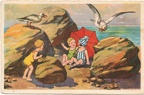 3 enfants sur la plage avec 2 mouettes(CAP1497)