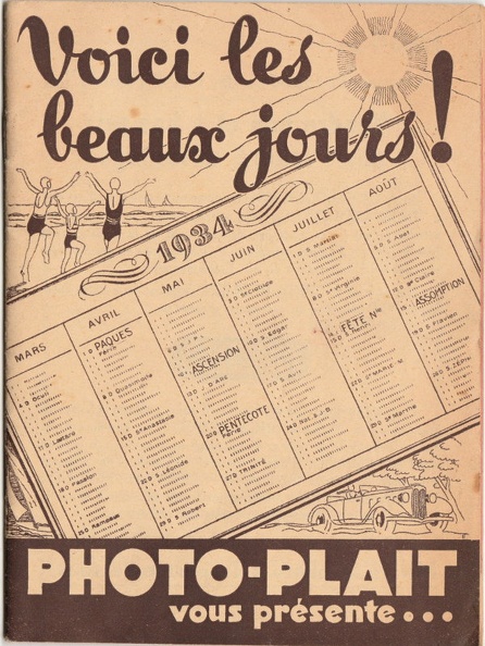 CAT0355
Voici les beaux jours! Photo-Plait vous présente...
-
Marque: Photo-Plait
Date: 3.1934
Langue: fr
Pages: 32+3 Format: 135x182mm
Référence: -
Table des matières:
- Brownie Junior Kodak, Lumière Scout Box, Lumibox, Lux-Box
- Voltex N° 1 et 1A (obj. Splendor)
- Foth: Derby, Spring, Foth-Mixte, Foth-Flex
- Kodak: Pocket Kodak N° 1, Junior Automatique Six-20, Six-16, Kodak Duo
- Lumière Lumirex (obj. Fidor)
- Zeiss Ikon Nettar, Super Ikonta
- Agfa Billy Record, Brillant (obj. Voigtar, Skopar)
- Speed automatique 6x9, Leica III Couplex
- Rolleicord, Rolleiflex, retardateur Déklik
- Contax
- jumelles
- Photomètres: Lios-Scop, Photoscop
- Adaptateur film Rollex
- Pellicules: Héliochrome 23° Sch, Super Héliochrome 26° Sch, Kodak Super Sensitive
- Plaques Guilleminot Panchro, Super Aschrom, Super Aviachrom, papier Guilleminot Dinox
- Papier auto-vireur Ypofix, papier gaslight Platox, plaque Héliochrome
- Pieds, sacs, cuvettes, lanternes de laboratoire
Commentaires:
- Bon de commande et enveloppe
CAT0355_01.jpg