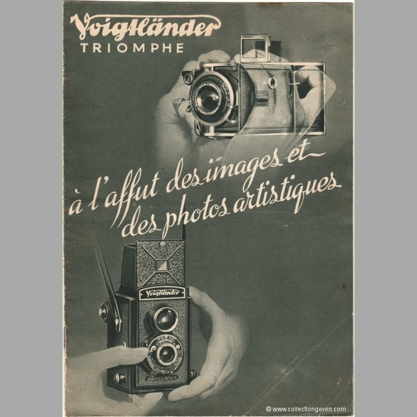Marque : Voigtländer
Date : ~ 1935
Langue : français
Pages : 8 ; Format : 145 x 207 mm
Référence : -
Table des matières :
- Bessa : 10 versions
--- Voigtar 7,7, obt. 1/75e
--- Voigtar 7,7, obt. 1/75e à retardement
--- Voigtar 6,3, Pronto 1/125e
--- Voigtar 6,3, Pronto 1/125e à retardement
--- Voigtar 4,5, Pronto 1/125e à retardement
--- Voigtar 4,5, Compur 1/250e à retardement
--- Voigtar 4,5, Compur-Rapid 1/400e à retardement
--- Skopar 4,5, Compur 1/250e à retardement
--- Skopar 4,5, Compur-Rapid 1/400e à retardement
--- Voigtar 3,5, Compur-Rapid 1/400e à retardement
- Brillant : 4 versions
--- Voigtar 7,7, Brillant 1/50e
--- Voigtar 6,3, Embezet 1/100e
--- Skopar 4,5, Compur 1/300e
--- Skopar 4,5, Compur-Rapid 1/500e
- Superb : 2 versions
--- Skopar 3,5, Compur 1/250e
--- Heliar 3,5, Compur 1/250e
- Accessoires
--- Loupes de viseur, sacs, écrans jaunes, lentilles à portrait
Commentaires :
Les 8 pages du catalogue :
CAT0432_01.jpg