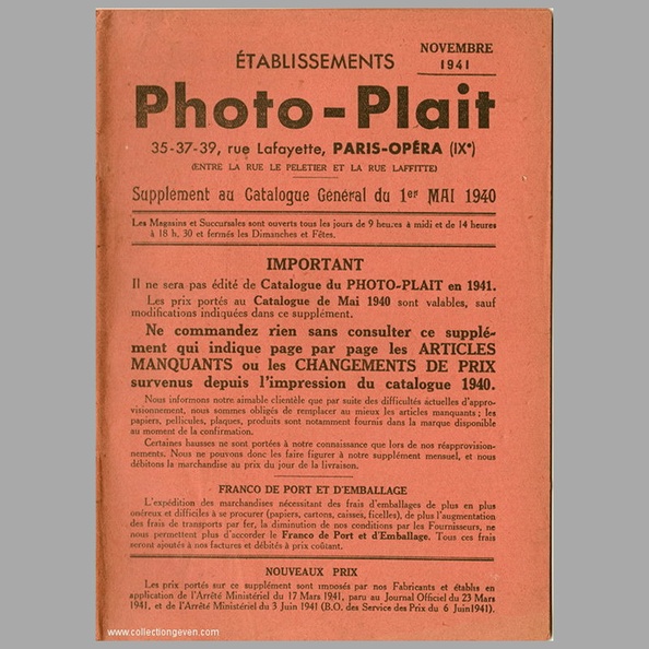 Supplément au catalogue du 1er mai 1940 (Photo-Plait) - 1941(CAT0495)