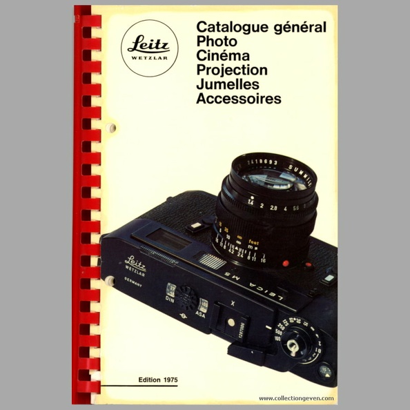 Catalogue général Photo, Cinéma, Projection, Jumelles, Accessoires.Leitz Wetzlar 1975.
Marque : LEITZ
Date : - 1975
Pays : AllemagneLangue : fr
Référence : III/75/EX/B
Format : 137 x 210 mmPoids : 226 g
Pages : 158
Table des matières : • Leicaflex SL2 et SL : boîtiers et objectifs, Leicaflex SL2 Mot, Leicaflex SL Mot.
• Leicaflex : accessoires.
• Leica M5 : boîtiers et objectifs.
• Leica CL et accessoires.
• Leica : viseurs, parasoleils, filtres, accessoires divers.
• Leica : accessoires pour vues rapprochées et reproduction.
• Agrandisseurs : Focomat Ic.
• Projecteurs pour petit format : Pradovit Color, Pradovit RC, Pradovit Color 110, Prado Universal.
• Épiscopes, dispositifs micro : Épiscope LE19.
• Rétroprojecteur d'écriture et de démonstration : Diascriptor 4.
• Jumelles.
• Leicina Super RT1, Leicina Special.
• Tableaux et divers.
• Les modèles Leica depuis l'origine.
• Leitz : programme spécial : Reprovit IIa, Leica MDa, Focomat IIc, Pradovit Diaselector.
Pages du catalogue : -
Commentaires : -
Liens web : -
N° inventaire : CAT0584_01
CAT0584_01.jpg