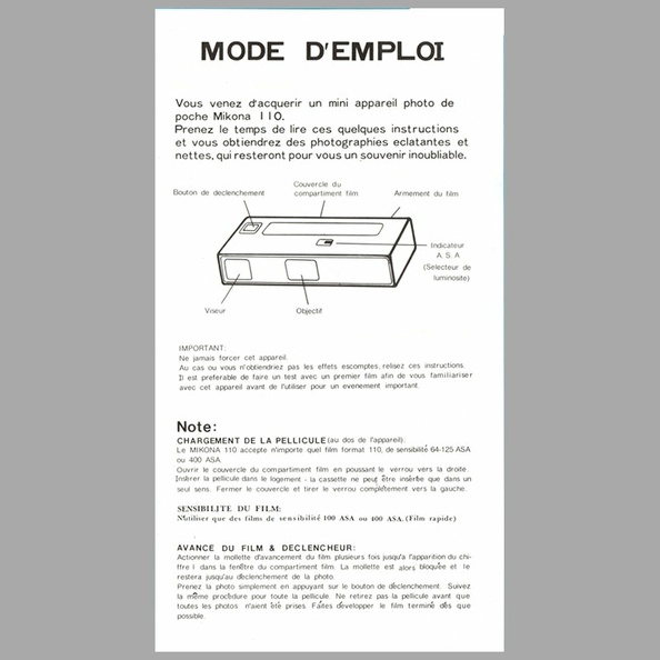 Appareil : 110
Marque : Mikona
Date : ~ 1980
Pays : ?Langue : français
Référence : -
Pages : 2Format : 107 x 197 mm
Pages de la notice :
Appareils de la collection :
Commentaires : -
Liens web : -
MAN0047_01.jpg