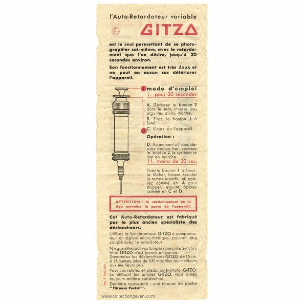 Appareil : Auto-retardateur variable
Marque : GITZO
Date : 9999
Pays : FranceLangue : fr, en
Référence : -
Format : 80 x 213 mmPoids : -
Pages : 2
Pages de la notice :
Appareils de la collection :
Commentaires : -
Liens web : -
N° inventaire : MAN0075
MAN0075.jpg