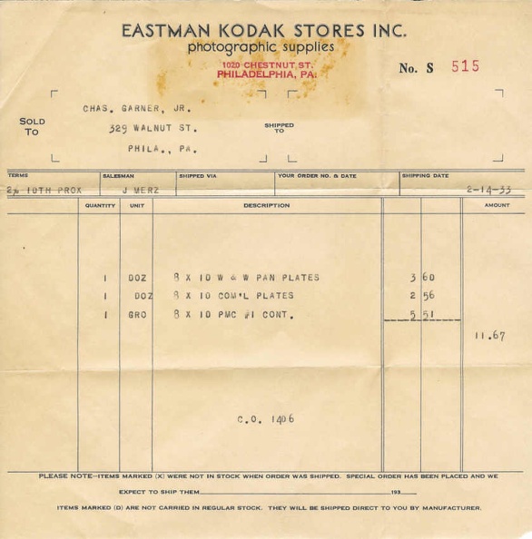 Facture Eastman Kodak Company - 1933(NOT0342)