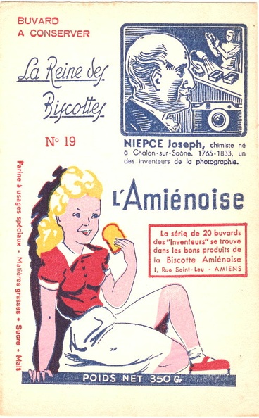 Buvard: N° 19 Joseph Niépce
(Biscottes l'Amiénoise)
NOT0572
-
Pays : France
Date : ~1955
Sujet présenté : Joseph Niépce
Dimensions : 132x210 mm
Commentaires :
- série de 20 buvards des Inventeurs
NOT0572_01.jpg