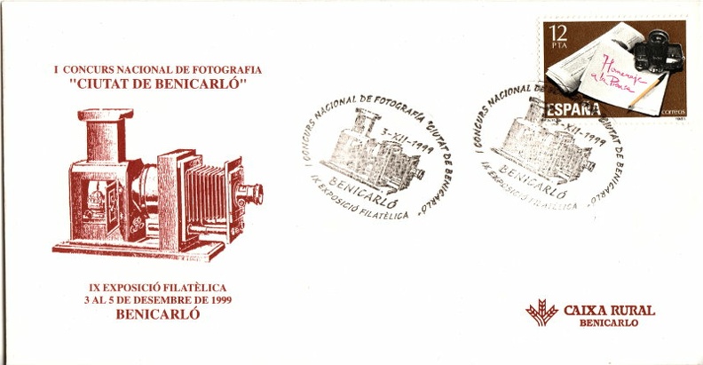 IX Exposició Filatèlica, Benicarlo, 3.12.1999
I Concurs Nacional de Fotografia
(Lanterne de projection Ohio)
Pays: Espagne
Éditeur: Caixa Rural, Benicarlo
Date d'émission, lieu: 3.12.1999, Benicarlo
Dimensions: 185x97mm
Verso:
Description de la lanterne Ohio
Réf timbre:
Commentaires:
Édition limitée: N° 293/500
PHI0650_01.jpg