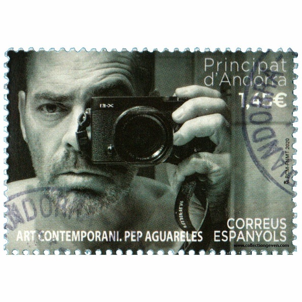 Ce timbre représente un auto-portrait de Pep Aguareles tenant un appareil photographique numérique.
Éditeur : Postes espagnoles
Publicité : -
Date : 10 2020
Pays : AndorreLangue :
Dimensions : 41 x 29 mmPoids : -
Date d'émission : 9.10-2020Valeur faciale : 1,45 €
État : oblitéréConception : XXX
Série : -Référence : YT AD-ES 491 ; Michel AD-ES 501
Commentaires : Timbre tiré à 60 000 ex.
Liens web : -
N° inventaire : PHI0744_01
PHI0744_01.jpg