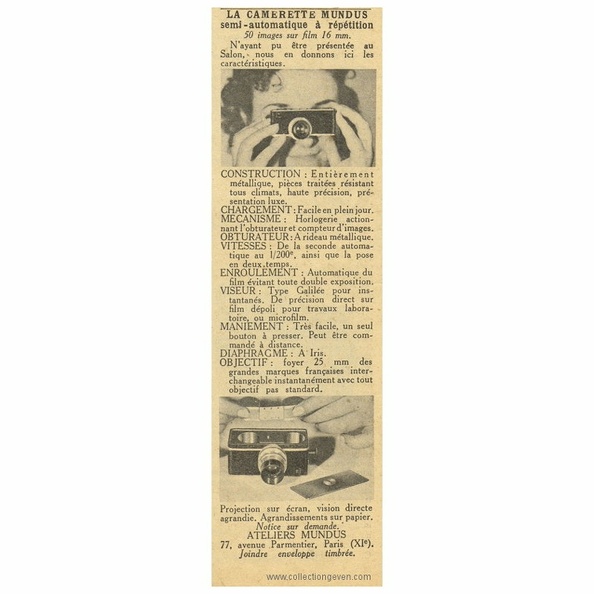 Cette publicité présente la Camerette des Ateliers Mundus.
Marque : Mundus
Date : 4 1949
Pays : FranceLangue : français
Type : découpe revue
Format : 50 x 170 mmPoids : -
Pages : 1
Référence : -
Table des matières :
-
Commentaires : -
Liens web : -
N° inventaire : PUB0153_01
PUB0153_01.jpg