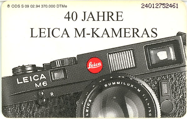 Télécarte : 40 Jahre, Leica-M-Kameras
(Leitz, Leica M6, M3)
PHI0239
-
Pays : Allemagne
Organisme : Deutsche Telekom
Date : 1994
Montant : 12 DM
Nb ex. : 370.000
Dimensions : 86 x 54 mm
Réf : ODS S 09
N° de série : 24012752461
Commentaires : -
PHI0239_01.jpg