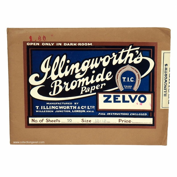 Cette pochette contient 10 feuilles de papier bromure 13 x 18cm Zelvo (velours), fabriquées par Illingworth.
Marque : ILLINGWORTH'SFabricant : Thos. Illingworth & Co., Ltd.
Pays : Grande-Bretagne
Date de début : ~ 1905Date de fin : 9999
Dimensions : 200 x 149 mmPoids : 68 g
Type : papier ; monochromeProcess : ???
Sensibilité : ???
Expiration : -
Nb vues : 10Format : 13 x 18 cm
Code DX : -
Commentaires : Thos. Illingworth & Co., Ltd., Londres.
Liens web : Illingworth : voir ici.
Accessoire présenté :
N° de série : 4671 19D
Accessoires : Pochette non ouverte, scellée
Notice : -
Commentaires : -
N° inventaire : ACC0176
ACC0176.jpg