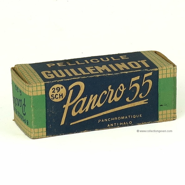 Marque : GUILLEMINOTFabricant : R. Guilleminot Bœspflug Cie (Unis France)
Pays : FranceLangue : français
Date de début : < 1944Date de fin : > 1945
Type : film 120 ; négatif noir et blanc
Sensibilité : 29 ° Sch
Expiration : 2.1945
Nb vues : 8Format : 6 x 9 cm
Dimensions : 76 x 29 x 29 mm (boîte)
Code DX : -
Notice : -
Commentaires : Film panchromatique anti-halo.
Film enveloppé dans sa boîte.
Liens web : -
N° inventaire : ACC0348_01
ACC0348_01.jpg
