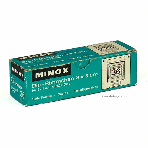 Cette boîte contient 36 caches 3 x 3 cm pour diapos Minox 8 x 11 mm. Ces diapos 3 x 3 peuvent être utilisées dans des visionneuses ou projecteurs Minox , par exemple le projecteur HP 3001.
Prix de vente : 18,00 € + port
État : Très bon état.
La boîte contient 33 caches.
Description : voir ici
N° inventaire : ACC1170_0b
ACC1170_0b.jpg