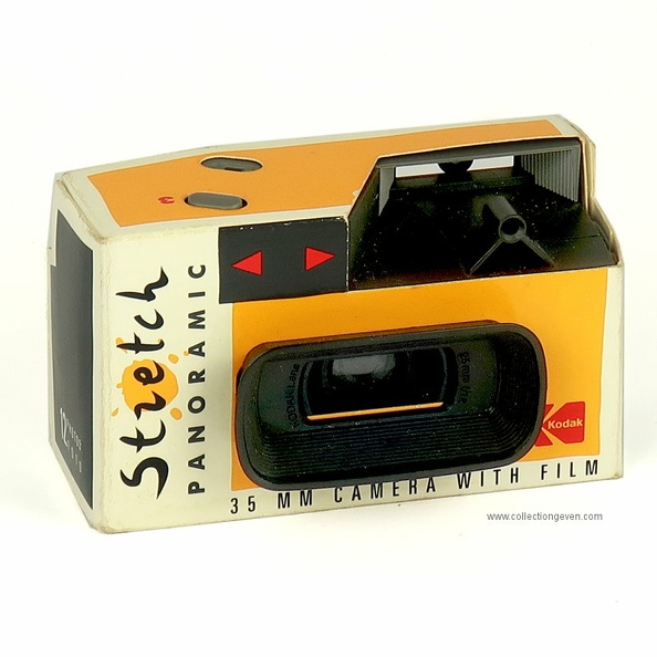 Nom: Stretch Panoramic
Marque: KODAK; fabricant: ?; publicité: -
Pays: États-Unis
Date: début: 1990 (3.1993); fin: >1993
Type: (PFFY)
Dimensions: 100x60x50mm; poids: 100
Matière: plastique; Couleur: jaune/gris
Surface sensible: Kodacolor Gold 200; format: 24x52mm
Objectif: nom: ?; fabricant:?; ouv./focale: f12/25; fixation : fixe
Diaphragme: type: fixe; ouvertures: f12
Obturateur: nom: ?; fabricant: ?; vitesses: 1/100; pose: -
Retardateur: -; Armement: -
Compte-vues: oui; Protection 2 expos: ?
Synchro flash: -; flash intégré: -
Posemètre: type: -; plage: -; automatisme: -
Mise au point: type: fixe; mini: 1m; télémètre: -
Décentrement vert.: -; hor.: -; bascule avant: -; arrière: -
Viseur: simple; Porte-accessoire: -; Niveau: -
Mode d'emploi: sur l'appareil
Commentaires:
-
Appareil présenté
N° de série: -
N° objectif: -; N° obturateur: -
Accessoires: -; sac: -
APP0737.jpg