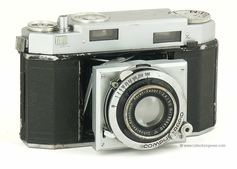 Nom : Karat 2,8
Marque : AGFAFabricant : Agfa
Publicité : -
Pays : Allemagne
Date de début : 1940Date de fin : > 1948
Type : klapp 24 x 36 (FKFH)
Dimensions, fermé : 127 x 79 x 49 mmOuvert : 127 x 79 x 73 mm
Poids : 560 g
Matière : métal gainé, nickeléCouleur : noir, gris
Surf. sensible : film karatFormat : 24 x 36 mm
Objectif :
- Nom : Karat-XenarType : ?
- Marque : Schneider
- Ouverture : 2,8Focale : 50 mm
- Fixation : fixeMonture : non interchangeable
Diaphragme :
- Type : iris
- Ouverture : 2,8 à 16
Obturateur :
- Nom : Compur-RapidType : central
- Marque : Deckel
- Vitesses : 1 s à 1/500 sPose : B, T
- Retardateur : non
- Armement : levier sur l'obturateur
Film, plaque :
- Compte-vues 1 : compteur 12 vues
- Protection 2 expos : oui
- Avancement : levier
Flash :
- Synchro : non
- Flash interne : non
Posemètre :
- Type : sans
- Plage : -
- Automatisme : manuel
Mise au point :
- Type : hélicoïdaleMinimum : 1 m
- Télémètre : RF couplé
Viseurs :
- Viseur 1 : galilée fixe
Autres :
Niveau à bulle : XXX
Porte-acc. 1 : -Porte-acc. 2 : -
Écrou de pied : 3/8 "
Déc. vertical : -Horizontal : -
Bascule avant : -Arrière : -
Commentaires : - Bague pour le calcul de la profondeur de champ en fonction de l'ouverture et de la distance.
- Bague de rappel du film : Isopan (F, ISS, U), Isochrom, Agfacolor (K, T, .).
- La pose T est obtenue par le déplacement d'un petit curseur, près du déclencleur, et qui bloque celui-ci lorsqu'il est en pose B.
- Également appelé Karat 12 2,8 ou Karat III.
Liens web :Sur le site collection-appareils.fr : voir ici
-
Appareil présenté :
N° de série : A 932
N° objectif : 1966410 (~ 1948)N° obturateur : 6184100 (~ 1947)
Accessoires : -
Notice : -
Commentaires : -
N° inventaire : APP2728_01
APP2728_01.jpg
