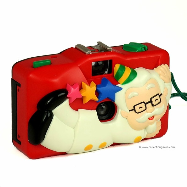 Nom : -
Marque : ASTFabricant : AST Company, Ltd.
Publicité : KFC
Pays : Chine
Date de début : 1997Date de fin : > 1998
Type : compact 24 x 36 (CFFH)
Dimensions, fermé : 117 x 73 x 49 mmOuvert : -
Poids : 108 g (avec dragonne)
Matière : plastiqueCouleur : rouge, multicolore
Surf. sensible : film 135Format : 24 x 36 mm
Objectif :
- Nom : -Type : ménisque
- Marque : -
- Ouverture : ?Focale : ?
- Fixation : fixeMonture : non interchangeable
Diaphragme :
- Type : fixe
- Ouverture : ?
Obturateur :
- Nom : -Type : rotatif
- Marque : -
- Vitesses : 1 vitessePose : non
- Retardateur : non
- Armement : couplé à l'avance du film
Film, plaque :
- Compte-vues 1 : compteur 36 vues
- Protection 2 expos : oui
- Avancement : molette
Flash :
- Synchro : non
- Flash interne : non
Posemètre :
- Type : sans
- Plage : -
- Automatisme : manuel
Mise au point :
- Type : fixeMinimum : ?
- Télémètre : non
Viseurs :
- Viseur 1 : galilée fixe
Autres :
Niveau à bulle : XXX
Porte-acc. 1 : sabot synchroniséPorte-acc. 2 : -
Écrou de pied : -
Déc. vertical : -Horizontal : -
Bascule avant : -Arrière :
Commentaires : - La face avant représente un grand-père couché, en habits de fête.
- L'originalité de l'appareil est d'avoir 3 caches humoristiques, se fixant juste devant le film, pour incruster des images sur la photo. « Party Party », « Happy friends », « Love »
Liens web :
Appareil présenté :
N° de série : -
N° objectif : -N° obturateur : -
Accessoires : - Dragonne en tissu vert.
- Boîte d'origine.
Notice :
Commentaires :
N° inventaire : APP2746_01
APP2746_01.jpg