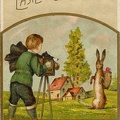 Pâques : « Easter Greetings », enfant photographiant un lapin avec une hotte pleine d'oeufs(CAP0482)