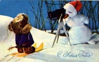 Bonhomme de neige photographiant un ourson sur ses skis(CAP1195)