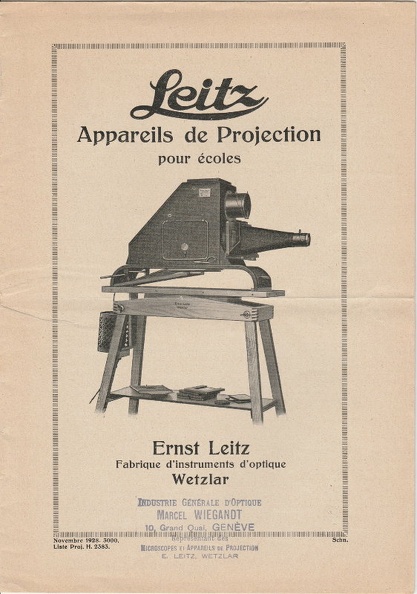 Marque: Leitz
Date: 11.1928
Langue: fr
Pages: 16 Format: 179x254mm
Référence: H 2383
Table des matières:
- Epidiascopes Vc et Vf
- Appareil de projection pour diapositifs IVb et IVc
- Appareil de projection pour films, le Gnome
- Appareil de microprojection type Xb
- Photo de l'usine de Wetzlar
Commentaires:
Pas de tarif
Revendeur: Industrie Générale d'OPtique, M. Wiegandt, Genève
CAT0022.jpg