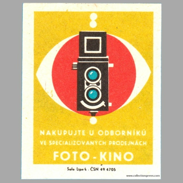 Cette étiquette de boîte d'allumettes vante les magasins photo spécialisés. L'image sur cette étiquette présente un appareil photo réflex bi-objectifs.
« Nakupujte u Odborniku
ve specialovanych prodejnach
Foto - Kino ».
Marque : -Fabricant : Solo Lipník
Publicité : -
Pays : Tchécoslovaquie
Date de début : 1967
Dimensions : 35 x 44 mmPoids : -
Code EAN13 : -
Commentaires : -
Liens web : -
N° inventaire : GAD1681_01
GAD1681_01.jpg