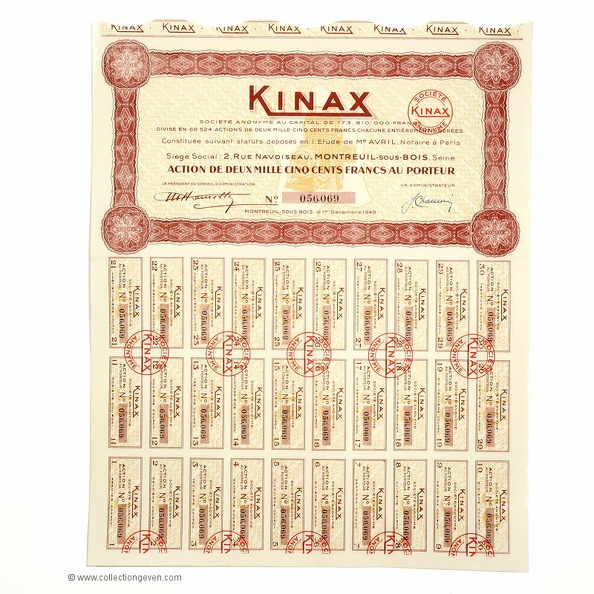 NOT0667
-
Société : Société anonyme Kinax
Date : 1949
Pays : France
Dimensions : 270 x 340 mm
Commentaires :
Action de 2.500 francs au porteur, 30 coupons, émises le 1er décembre 1949
NOT0667_01.jpg