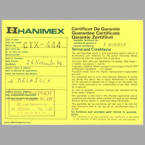 Certificat de garantie : flash CTX-444 (Hanimex) - 1974)(NOT0793)