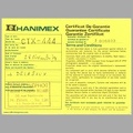 Certificat de garantie : flash CTX-444 (Hanimex) - 1974)<br />(NOT0793)