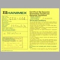 Certificat de garantie : flash CTX-444 (Hanimex) - 1974)<br />(NOT0793)