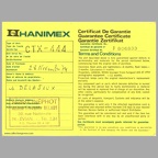 Certificat de garantie : flash CTX-444 (Hanimex) - 1974)(NOT0793)