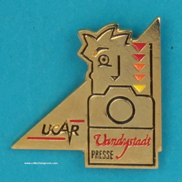 Pin's publicitaire pour Ucar et Vandystadt Presse. Dos marqué « Prodimport ...».
Marque : -Fabricant : Prodimport
Publicité : Ucar, Vandystadt Presse
Date : 9999
Pays : FranceLangue :
Dimensions : 23,5 x 24,5 mmPoids : 4 g
Commentaires : -
Liens web : -
N° inventaire : PIN0668
PIN0668.jpg