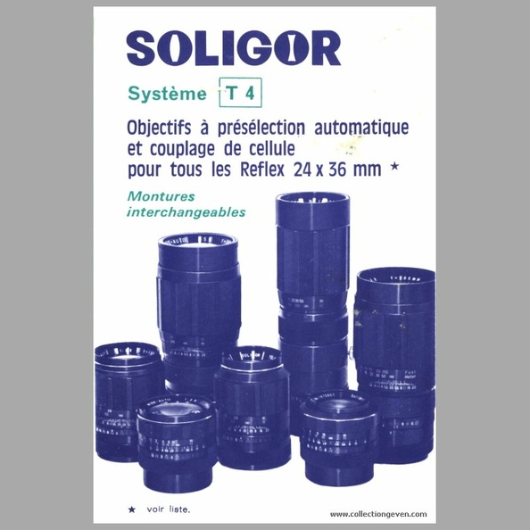 Ce dépliant décrit les objectifs, système T4, de Soligor à présélection automatique et couplage de cellule pour tous les Réflex 24 x 36 mm. Chaque objectif a sa description technique et il est présenté en coupe.
Marque : SOLIGOR
Date : 9999
Pays : FranceLangue : fr
Type : dépliant
Format : 100 x 150 mmPoids : 7 g
Pages : 6
Référence : -
Table des matières :
-
Commentaires : -
Liens web : -
N° inventaire : PUB0057_01
PUB0057_01.jpg