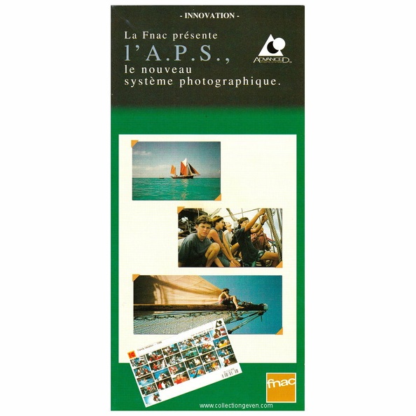 Ce dépliant présente l'A.P.S., le nouveau système photographique : les films, les appareils (Canon Ixus, Kodak Advantix 3600 ix), les formats, l'identification, le rangement.
Marque : FNAC
Date : 1996
Pays : FranceLangue : français
Type : dépliant
Format : 100 x 209 mmPoids : -
Pages : 6
Référence : -
Table des matières :
-
Commentaires : -
Liens web : -
N° inventaire : PUB0142_01
PUB0142_01.jpg