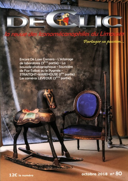 N° de 10.2018
Vous voulez-acheter cet ouvrage ?
Table des matières :
- Encore De Luxe camera (M. d'Harlhac) : les premiers appareils jetables : Continental Camera Club, Hollywood, Ready Forografer, Champion de L. Friard, Picture-Box de F. Bierhorst, PhotoPac de A. D. Weir, Photo Pack Matix de Fex.
- L'éclairage du laboratoire photographique, partie 3 (A. Broussard) : lanternes d'atelier; à l'aube de l'électricité.
- La boussole du photographe (J.-Y. Moulinier) : Foldette de Mazo, Photo-Compass, Dom Martin, Schaeffner.
- Le Pygmée de Guillon (M. Guilbert).
- Straight-Warehouse (J.-Y. Moulinier) : L'Otographie, optique Minor, Victoria, Henri Moutet, Photo-Index, l'Oto, Karvan.
- Les caméras Levêque (D. Auzeloux) : L.D 8 « Spéciale Zoom-Reflex » 1959-1961, L.D 8 automatiques, Eldematic 1959-1960.
- Le musée éphémère de Tourtoirac.
Pages : 40
Format : A4
ISSN : 1294-2898
Commentaires : -
REV-DC0080.jpg
