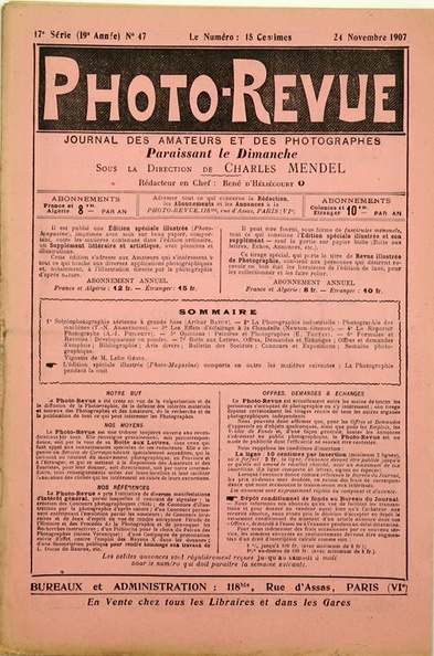 Prix de vente : 3,00 €
N° 47 du 24.11.1907
État : bon état
- manque les pages rédactionnelles
- 24 pages
Table des matières :
- Publicités :
--- H. Roussel : objectif anti-spectroscopique, folding Minimal, folding Pochette
--- Gaumont : les Spidos
--- Grieshaber Frères, As de Trèfle : papiers Cypris
--- Spécialités H. Reeb (révélateurs, virage, appareils), plaques Wellington Ward, Glyphoscope Richard, plaques Color Westendorp Whener, agrandisseur Guillon, développement lent Hemdé, plaques E. Clément, jumelles Mackenstein, anastigmat Suter, stéréo-classeur Minimus, lanterne Tournesol Dillemann, papier Duvau, pellicules Kodak Eastman, viseur G. Cuisinier, Stéréocycle Leroy, Rodenstock Eurygonal, déclencheur Bowden, révélateurs Hauff, jumelle Ali Ch. Alibert, Monol
Commentaires : -
Quelques pages de la revue :
REV-PR1907-47_0a.jpg
