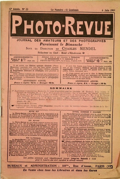 Prix de vente : 4,00 €
N° 23 du 6.6.1909
État : état moyen
- complet
- 44 pages
Table des matières :
- Publicités :
--- E. Krauss : objectifs Tessar, Protar, Kalloptat
--- Photo-Hall : Perfect-Pliant N°5, 6, 7
--- H. Roussel : objectif anti-spectroscopique, folding Minimal
--- Straight-Warehouse : objectif Agonar, folding, chambres
--- Agfa : produits chimiques
--- Gaumont : Spido, stéréo-Spido, Block-Notes
--- Lacour-Berthiot : jumelles à prismes, objectifs Eurygraphes, Sérigraphe, Nettel
--- Papiers Tambour,Vérascope Richard modèle 1908, plaques et papiers As de Trèfle, papiers L. Gevaert, plaques Guilleminot, autochromes Lumière, Le Franceville, Photo-Sport, jumelle Ali Ch. Alibert, papier Duvau, jumelles et appareils E. Lorillon, objectif anastigmat Suter, agrandisseur Pompian's, papier Rembrandt, agrandisseur Guillon, bijoux et émaux Julius Schloss, Stéréo-Marine Lollier, Société Industrielle de Photographie (S.I.P.), lampe de projection Nernst, Louis Schrambach, Monol, Rietzschel Heli-Clack et objectif Linéar, Murer's Express, jumelles Mackenstein, lanternes de laboratoire Multiphane A. Dillemann, Demaria-Lapierre, déclencheur Bowden, cuve Kodak, plaque Omnicolore Jougla
- Nouveautés :
--- SFP : obturateur Ibso Kengott
--- Spécialités Hauff
- Divers :
--- Jurisprudence : contrefaçon de photographie
- Pages rédactionnelles :
--- Recherche du temps d'exposition pour les intérieurs
--- Pour vérifier la pression de l'acétylène
--- Traitement des plaques Omnicolores
--- Les bains d'affaiblissement au ferricyanure
--- De l'ombre dans le portrait
--- Virage par sulfuration des photocopies aux sels d'argent
--- Virage par sulfuration des impressions au bromure d'argent
--- La photo-sculpture pour tous
--- Le rendu des verts dans la photographie de paysage
--- Exécution de contretypes par la pinatypie
--- Eclairage du laboratoire
Commentaires : -
Quelques pages de la revue :
REV-PR1909-23_0a.jpg