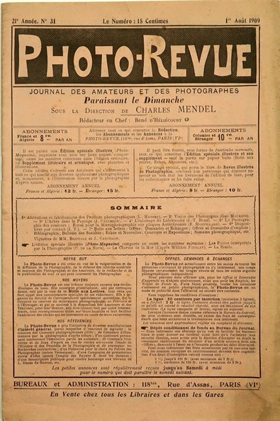 Prix de vente : 4,00 €
N° 31 du 1.8.1909
État : bon état
- complet
- 36 pages
Table des matières :
- Publicités :
--- W. Meyer Jun : produits chimiques Mercedin, Mercedinal
--- Nettel : Idéal, Stéréo Kibitz
--- Huttig : Bijou
--- H. Roussel : objectif anti-spectroscopique, folding Minimal
--- Agfa : Métol, Amidol, Glycine, Ortol, Eiconogen, Hydroquinone, Rodinal
--- Gaumont : Spido, stéréo-Spido, Block-Notes
--- Papiers Tambour, plaques et papiers As de Trèfle, agrandisseur Pompian's, Vérascope Richard, Target et Ledoux plaques Astre, jumelles Lorillon, fonds Moro, papier Duvau, Stéréo-Marine Lollier, Chronobrom tirage des papiers bromure, Demaria-Lapierre Caleb, objectifs Hermagis, bijoux et émaux Julius Schloss, Eurygraphes Lacour-Berthiot, anastigmat Suter, plaques Guilleminot, Seltona Leto Demaria-Lapierre, lampe de projection Nernst, Louis Schrambach, jumelles Mackenstein, déclancheur Bowden, plaques Eastman Kodak, jumelle Ali Ch. Alibert, Société Industrielle de Photographie (S.I.P.), plaque Omnicolore Jougla
- Pages rédactionnelles :
--- Altérations et falsifications des produits photographiques
--- Vision des photocopies
--- L'arbre dans le paysage
--- L'éclairage du cabinet noir
--- Écran pour la microphotographie sur plaques autochromes
--- diapositives de projection par contact
Commentaires : -
Quelques pages de la revue :
REV-PR1909-31_0a.jpg