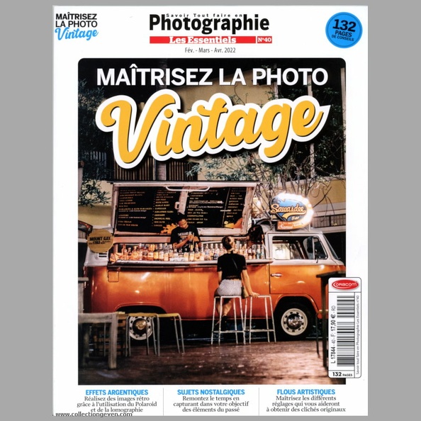 Savoir tout faire en Photographie - Les Essentiels.
Maitrisez la photo vintage.
Éditeur : OracomISSN : XXX
Date : 2 2022Numéro : 40
Pays : FranceLangue : fr
Format : 210 x 275 mmPoids : 288 g
Pages : 132
ISSN : XXX
Table des matières : Actus photo.
Interview : Éve Robert.
Photo Vintage
- Sauvegarder ses photos argentiques.
- Le sépia.
- Le split toning.
- Le Polaroid.
- Le trucage sandwich.
- La lomo.
- Néons et enseignes rétro.
- L'Ouest américain authentique.
- L'urbex.
- À la ferme.
- Le street art.
- Façades d'époque.
- Les meetings aériens.
- Voitures anciennes.
- Voitures en ville.
- Voie ferrée.
- Portraits vintage.
- Le portrait high key.
- Les enfants en modèle rétro.
- Les fleurs.
- Les insectes.
- Traitement croisé.
- Les poupées d'antan.
- Jouets en métal.
- Objets rétro.
- Les vanités.
- Portraits rétro en couleur.
- Fête des Lumières.
- Les statues.
- Édifices religieux.
- L'Asie traditionnelle.
- Au cimetière.
- Effets vintage à la demande.
- Retouches vintage.
- L'argentique 2.0.
- L'argentique 1.0.
Maîtrisez le flou artistique
- Les flous artistiques.
- 12 astuces pour de baux flous artistiques.
- Interview : Éric Müller.
Publicités : -
Commentaires : -
Liens web : -
N° inventaire : REV-X006_01
REV-X006_01.jpg