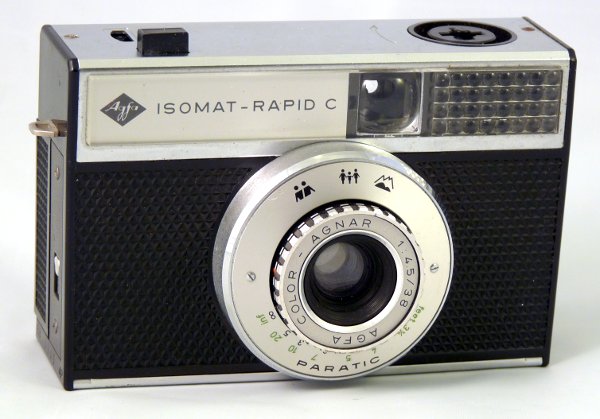Nom : Isomat-Rapid C
Marque : AGFAFabricant : Agfa
Publicité : -
Pays : Allemagne
Date de début : 0Date de fin : 0
Type : compact (CFFI)
Dimensions, fermé : XXXOuvert : XXX
Poids : XXX
Matière : XXXCouleur : XXX
Surf. sensible : RapidFormat : 24 x 24 mm
Objectif :
- Nom : Color AgnarType : XXX
- Marque : XXX
- Ouverture : XXXFocale : XXX
- Fixation : XXXMonture : XXX
Diaphragme :
- Type : XXX
- Ouverture : XXX
Obturateur :
- Nom : ParaticType : XXX
- Marque : XXX
- Vitesses : XXXPose : XXX
- Retardateur : XXX
- Armement : XXX
Film, plaque :
- Compte-vues 1 : XXXCompte-vues 2 : XXX
- Protection 2 expos : XXX
- Avancement : XXX
Flash :
- Synchro : XXX
- Flash interne : XXX
Posemètre :
- Type : XXX
- Plage : XXX
- Automatisme : XXX
Mise au point :
- Type : XXXMinimum : XXX
- Télémètre : XXX
Viseurs :
- Viseur 1 : XXX
- Viseur 2 : XXX
- Viseur 3 : XXX
Autres :
Niveau à bulle : XXX
Porte-acc. 1 : XXXPorte-acc. 2 : -
Écrou de pied : XXX
Déc. vertical : XXXHorizontal : XXX
Bascule avant : XXXArrière : XXX
Commentaires : -
Liens web :-
Appareil présenté :
N° de série : XXX
N° objectif : XXXN° obturateur : XXX
Accessoires : -
Notice : XXX
Commentaires : -
N° inventaire : APP2009
Nom: Isomat Rapid C
Marque: AGFA; fabricant: ?; publicité: -
Pays: ?
Date: début: -1966; fin: -1969
Type: (CFFI)
Dimensions: ?mm; poids: ?
Matière: ?; Couleur: ?
Surface sensible: Rapid; format: 24x24mm
Objectif: nom: Color Agnar; fabricant:?; ouv./focale: f4,5/38mm; fixation : fixe
Diaphragme: type: ?; ouvertures: f4,5-f?
Obturateur: nom: Paratic; fabricant: ?; vitesses: ?; pose: ?
Retardateur: ?; Armement: ?
Compte-vues: ?; Protection 2 expos: ?
Synchro flash: ?; flash intégré: ?
Posemètre: type: ?; plage: ?; automatisme: ?
Mise au point: type: ?; mini: ?; télémètre: ?
Décentrement vert.: ?; hor.: ?; bascule avant: ?; arrière: ?
Viseur: ?; Porte-accessoire: ?; Niveau: ?
Mode d'emploi: -
Commentaires:
Appareil présenté
N° de série: -
N° objectif: -; N° obturateur: -
Accessoires: -; sac: -
APP2009.jpg