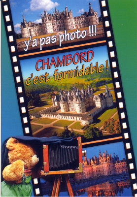 N° inventaire : CAP0207
Texte recto : « Y'a pas photo !!!
Chambord c'est formidable »
Texte verso : « Chambord ...»
Vue recto : 3 photos de la ville de E. Neveux.
Ourson en peluche avec une chambre à soufflet.
Date : < 2004
Pays : France
Éditeur : Valoire, Blois / Alliance Carterie / production Leconte
Type : CPMFête : -
Dos : divisé
Écrite : nonTimbre : -
Date : -Lieu : -
Forme : coins carrésFormat : 104 x 149 mm
Matériel présenté : chambre en bois sur pied
Référence : A 1833
Commentaires : -
Liens web : -
CAP0207.jpg