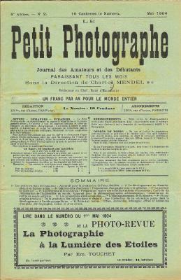 N° 5/2 de 5.1904
Publicités:
-
Table des matières:
- Nouveautés: l'Express-Calibre; révélateur citrate Lumière; support stéréoscopique J.D.Y.
- Travaux: appareil pour la production d'eau distillée
- Développement au diamidophénol
- Préparation d'un papier mat à la gélatine
- Le portrait en plein air
- Appareil pour la photomicrographie stéréoscopique
- Les projections stéréoscopiques
- L'emmagasinement de la lumière
- Jeux
Pages: 20
Format: 185x282mm
Commentaires:
REV-RE0005-02.jpg